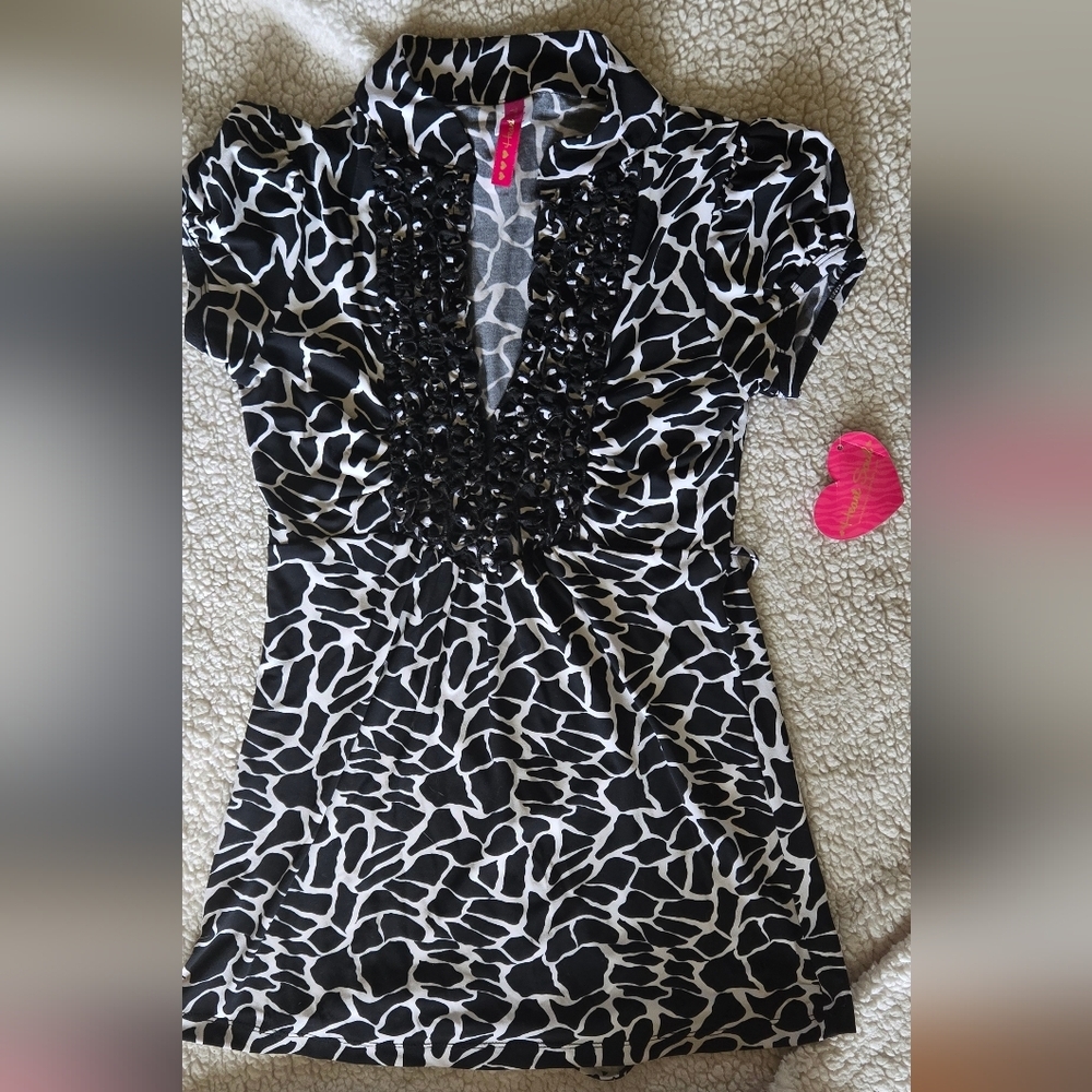 Heart Soul Womens Black and White Ruched Ruffle Tie Back Top Y2k